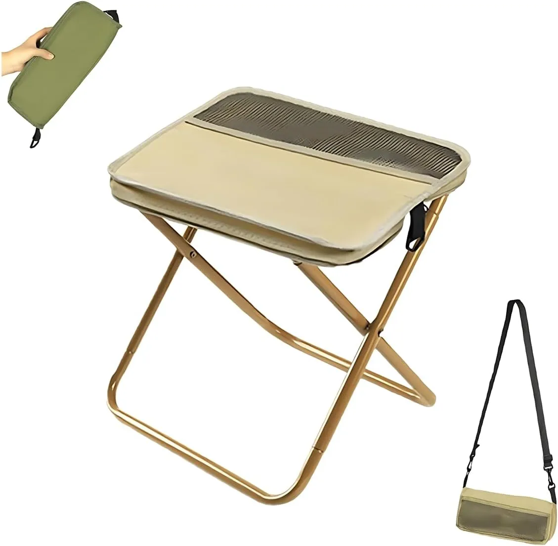 Foldable Backpack Stool,Portable Outdoor Camping Folding Stool,Ultra Lightweight Zipper Pocket Handbagstool with Adjustable Shoulder Strap,for Mountaineering,Hiking,Fishing (1 pcs Khaki, Small)