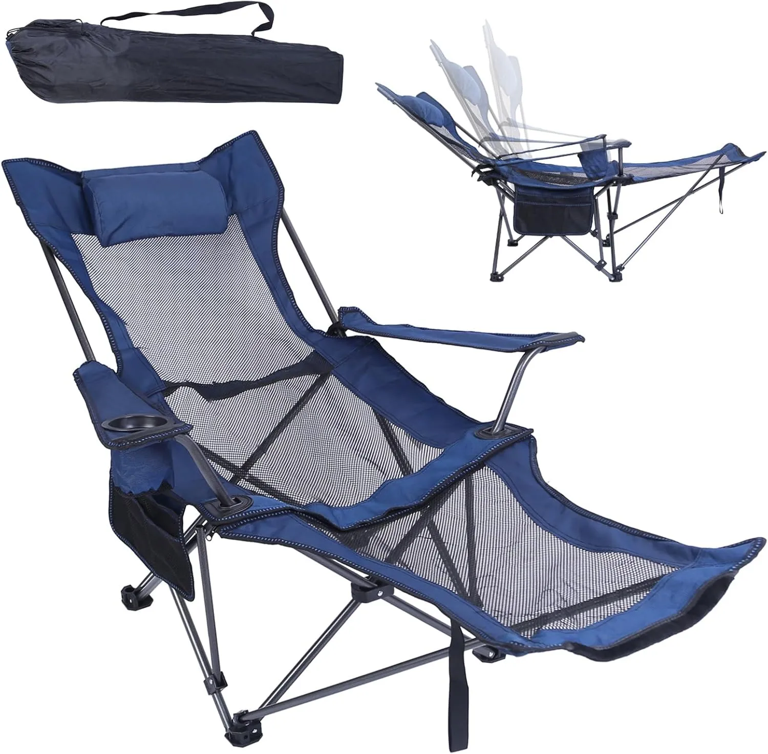 Foldable Camping Chair Reclining Camping Chair 330LBS Load Heavy Duty Steel Lawn Chair Collapsible Chair with Reclining Backrest Angle Cup Holder Pillow Side Pocket Carry Bag for Outdoor Fishing