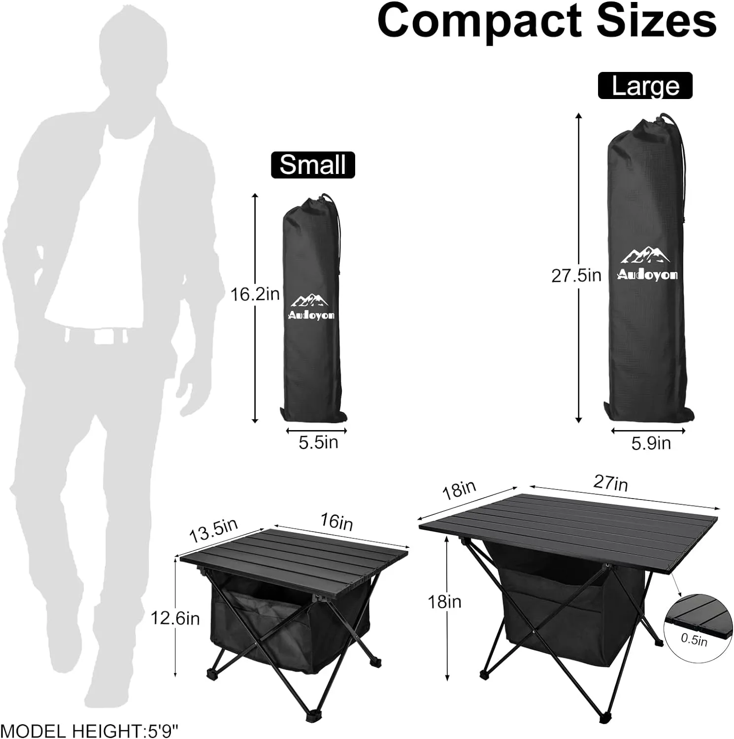 Foldable Camping Side Table, Ultralight Small Beach Aluminum, Portable Outdoor Table with Carry Bag and Storage for Picnic, Grill, Hiking, Fishing, Sand, Camping, Black