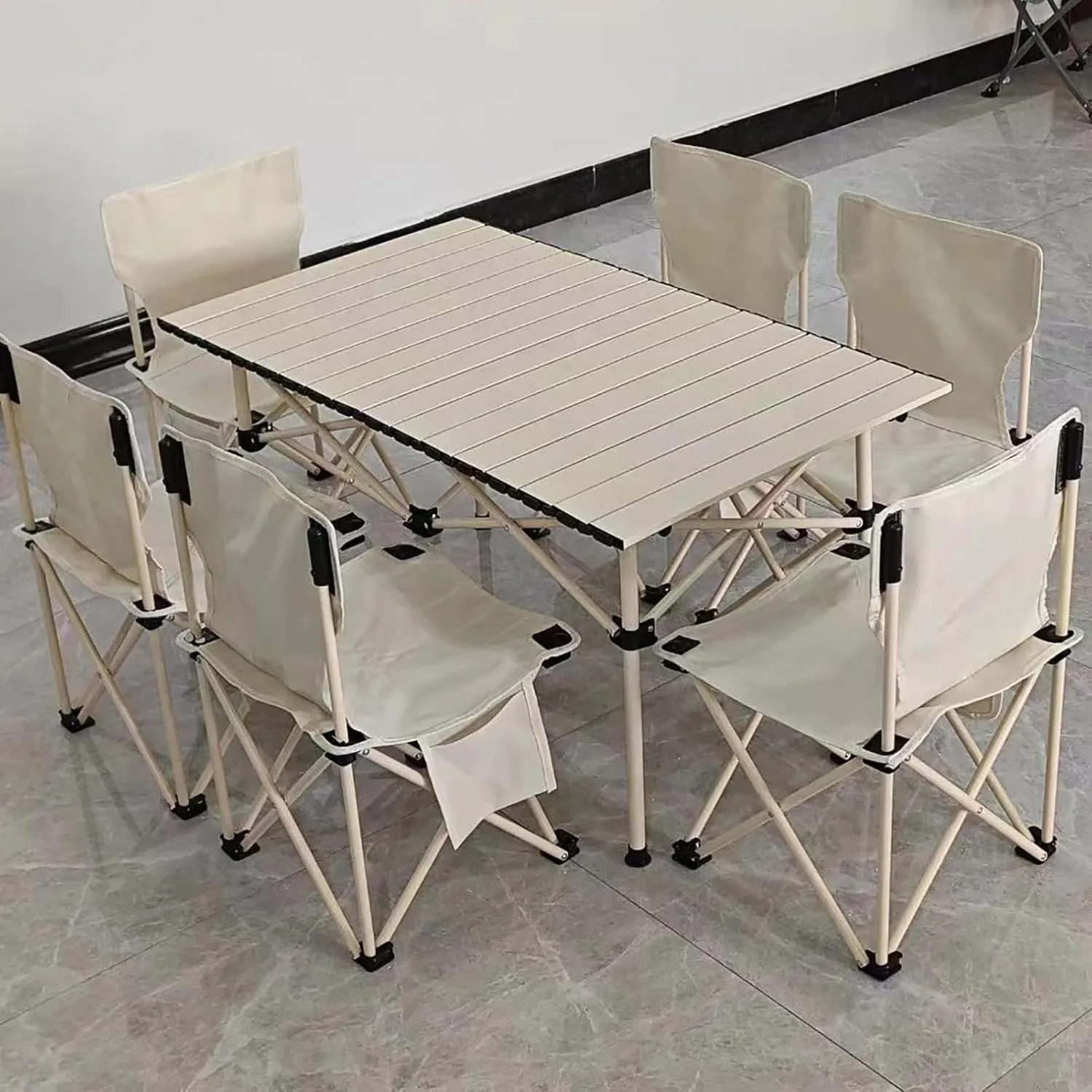 Foldable Camping Table Set with 6 Chair, Outdoor Indoor Use for BBQ, Picnic, Garden Parties, Portable with Carry Bag,Yellow