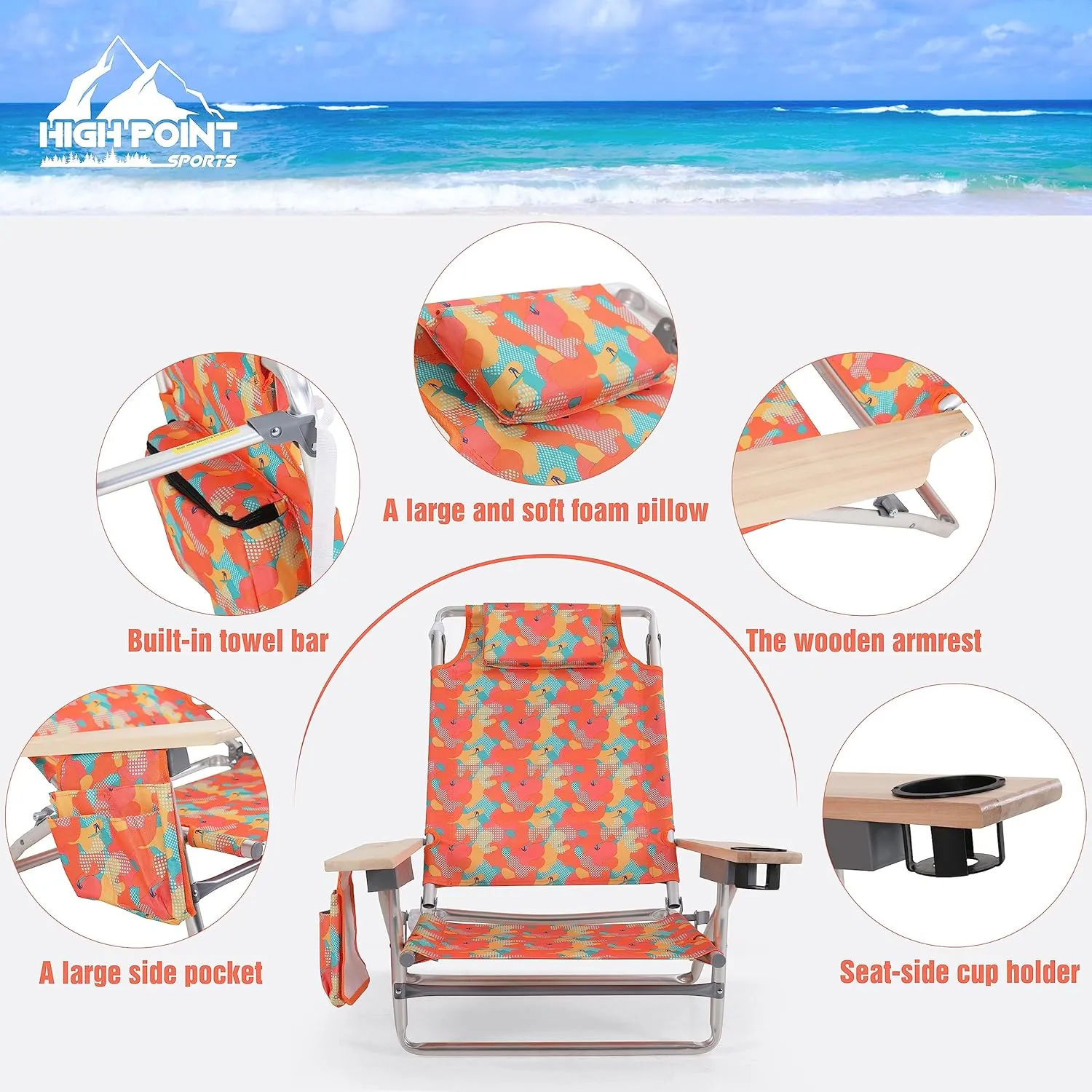 Folding Backpack Beach Chair with 5 Positions for Adults, Portable Camping Chairs Lawn Chair with Cooler Bag and Towel Bar for Adults, 2 Pack, Camo