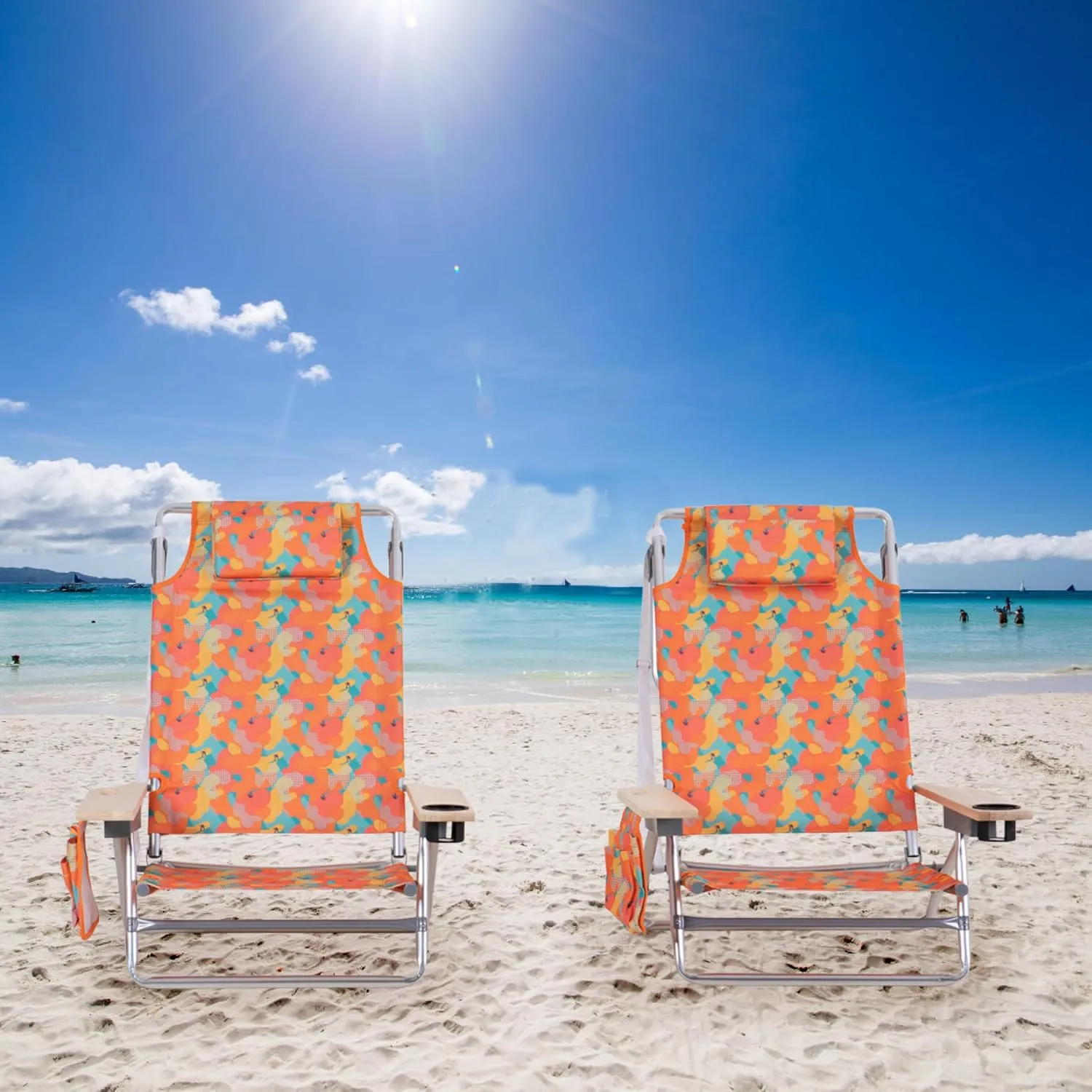 Folding Backpack Beach Chair with 5 Positions for Adults, Portable Camping Chairs Lawn Chair with Cooler Bag and Towel Bar for Adults, 2 Pack, Camo