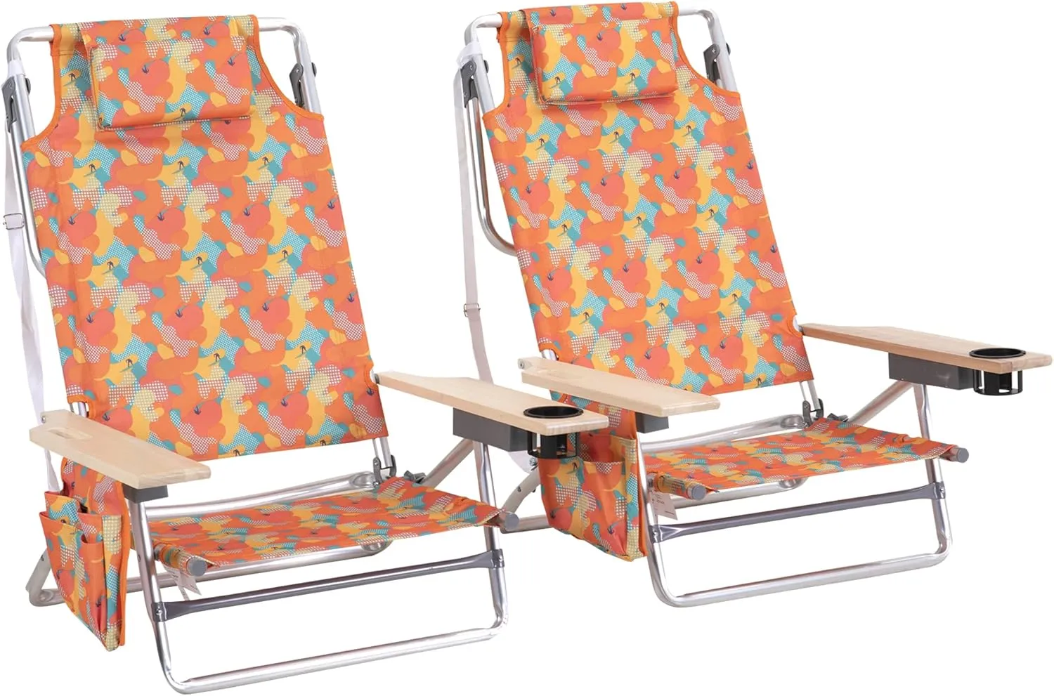 Folding Backpack Beach Chair with 5 Positions for Adults, Portable Camping Chairs Lawn Chair with Cooler Bag and Towel Bar for Adults, 2 Pack, Camo