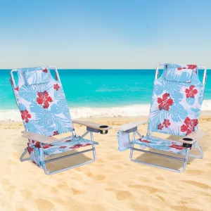 Folding Backpack Beach Chair with 5 Positions for Adults, Portable Camping Chairs Lawn Chair with Cup Holder and Towel Bar for Adults, Set of 2, Flower