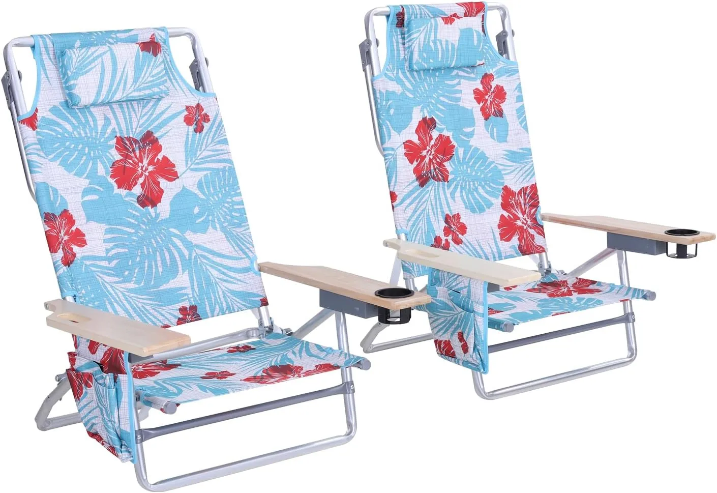 Folding Backpack Beach Chair with 5 Positions for Adults, Portable Camping Chairs Lawn Chair with Cup Holder and Towel Bar for Adults, Set of 2, Flower