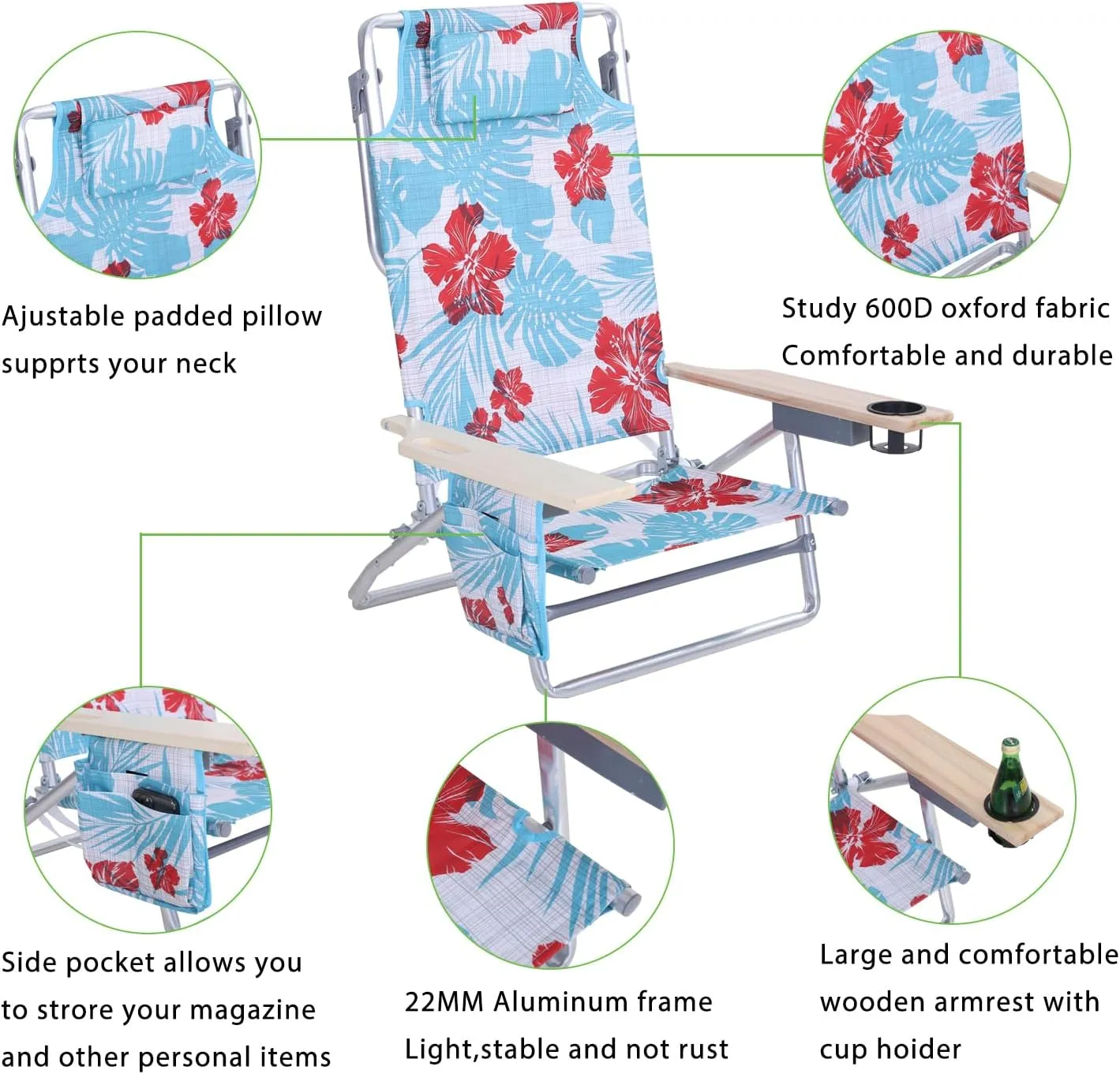 Folding Backpack Beach Chair with 5 Positions for Adults, Portable Camping Chairs Lawn Chair with Cup Holder and Towel Bar for Adults, Set of 2, Flower