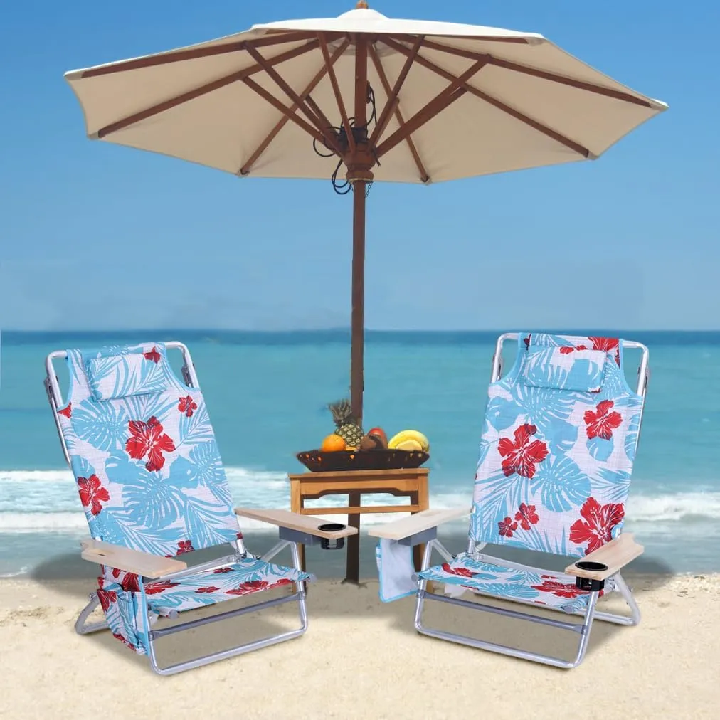 Folding Backpack Beach Chair with 5 Positions for Adults, Portable Camping Chairs Lawn Chair with Cup Holder and Towel Bar for Adults, Set of 2, Flower