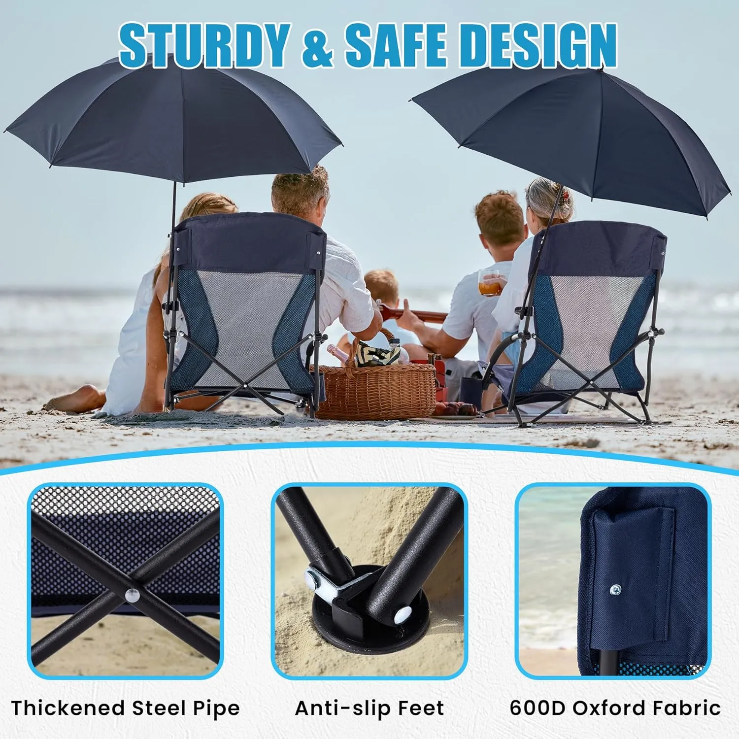 Folding Beach Chair with Umbrella for Adults, 2 Pack Portable Low Beach Chairs with 300lbs Capacity, Lightweight Fodable Camping Chair for Travel, Picnic, Concert & Outdoor Activities, Navy Blue