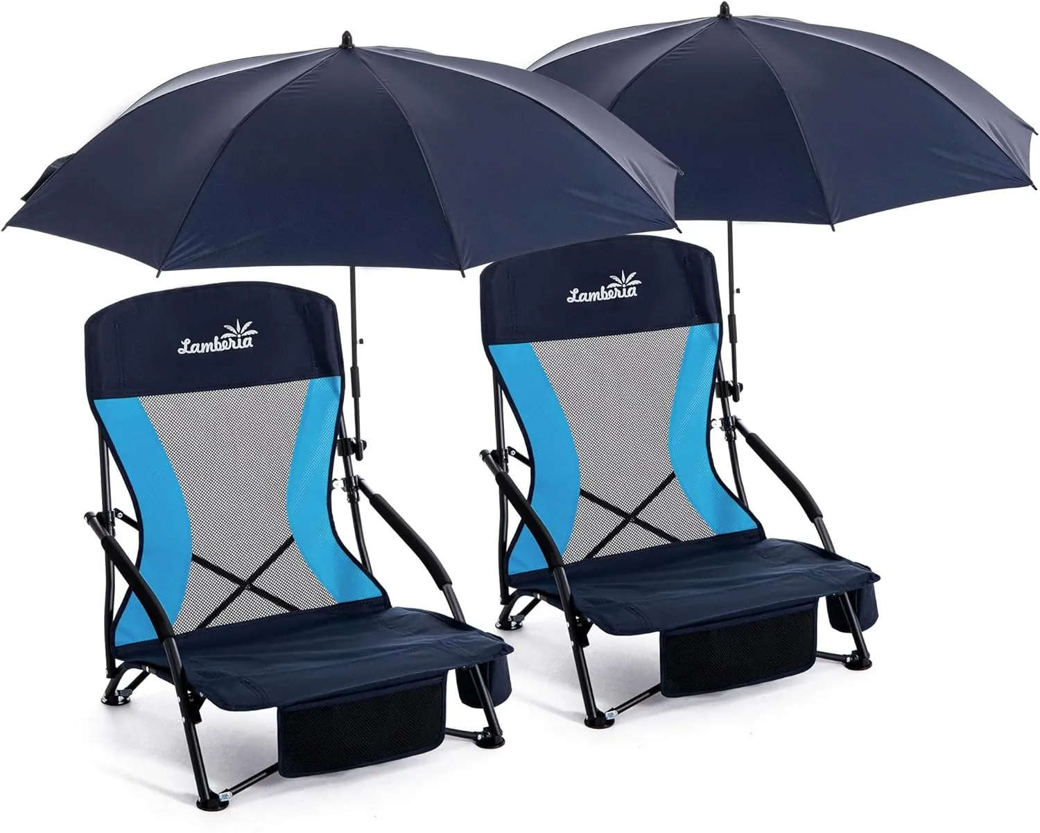 Folding Beach Chair with Umbrella for Adults, 2 Pack Portable Low Beach Chairs with 300lbs Capacity, Lightweight Fodable Camping Chair for Travel, Picnic, Concert & Outdoor Activities, Navy Blue