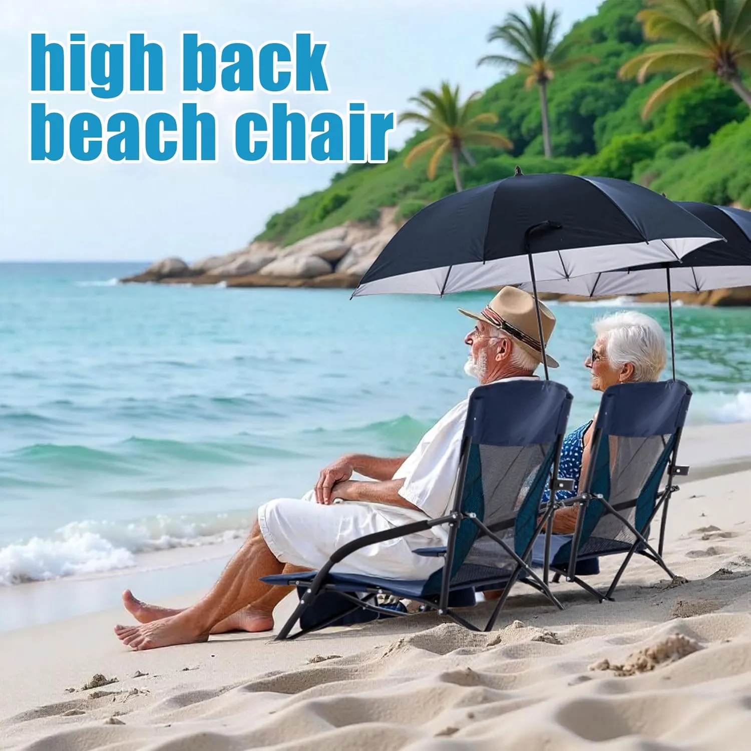 Folding Beach Chair with Umbrella for Adults, 2 Pack Portable Low Beach Chairs with 300lbs Capacity, Lightweight Fodable Camping Chair for Travel, Picnic, Concert & Outdoor Activities, Navy Blue