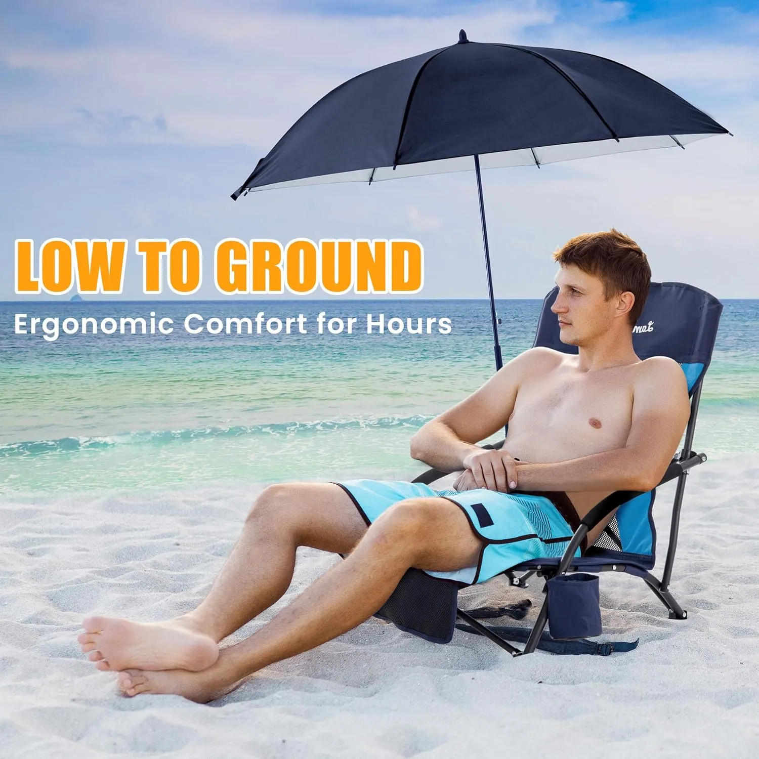 Folding Beach Chair with Umbrella for Adults, 2 Pack Portable Low Beach Chairs with 300lbs Capacity, Lightweight Fodable Camping Chair for Travel, Picnic, Concert & Outdoor Activities, Navy Blue
