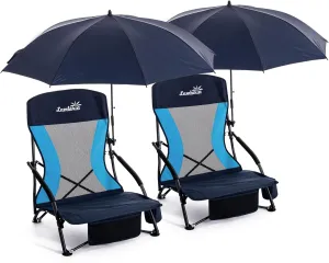 Folding Beach Chair with Umbrella for Adults, 2 Pack Portable Low Beach Chairs with 300lbs Capacity, Lightweight Fodable Camping Chair for Travel, Picnic, Concert & Outdoor Activities, Navy Blue