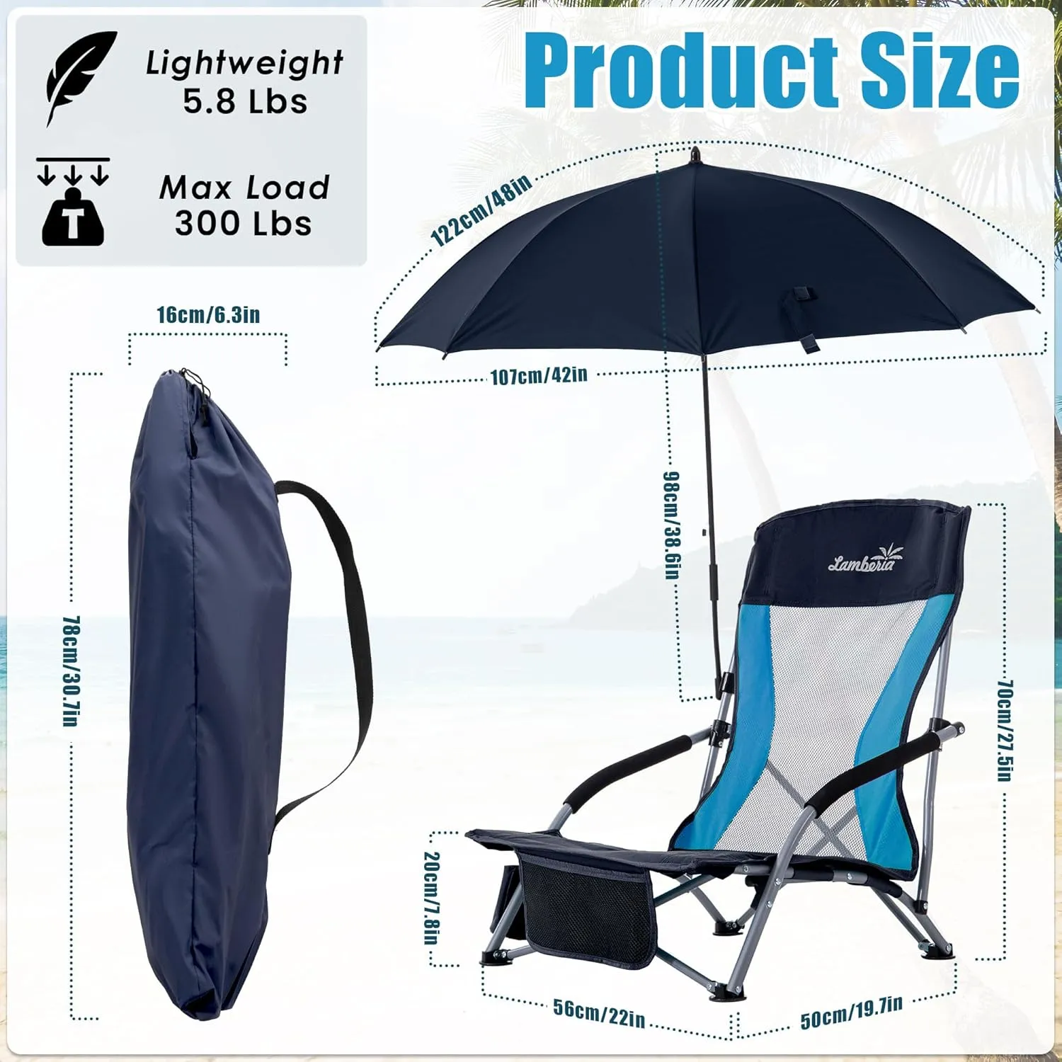 Folding Beach Chair with Umbrella for Adults, 2 Pack Portable Low Beach Chairs with 300lbs Capacity, Lightweight Fodable Camping Chair for Travel, Picnic, Concert & Outdoor Activities, Navy Blue