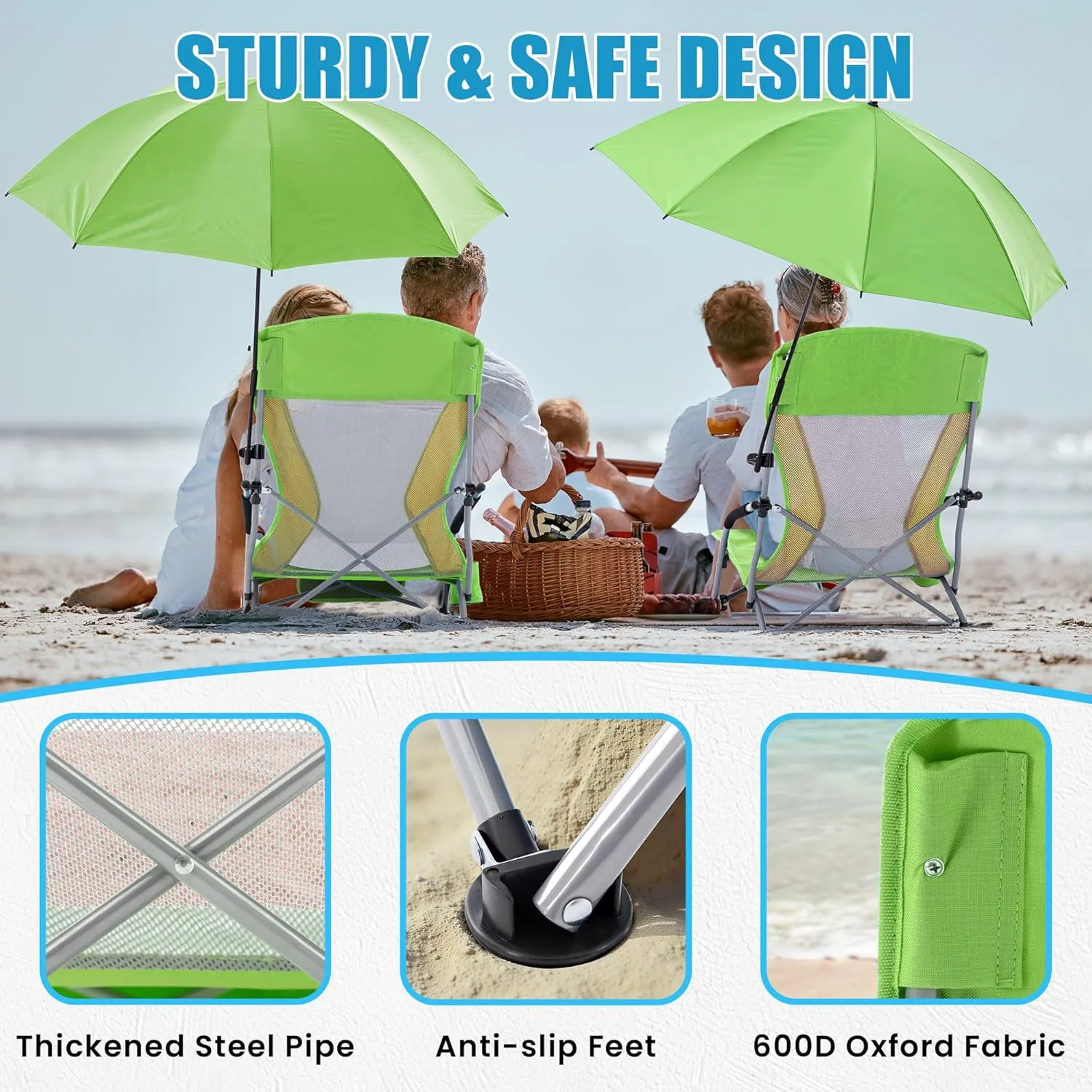 Folding Beach Chair with Umbrella for Adults, 2 Pack Portable Low Beach Chairs with 300lbs Capacity, Lightweight Fodable Camping Chair for Travel, Picnic, Concert & Outdoor Activities,Green-Yellow