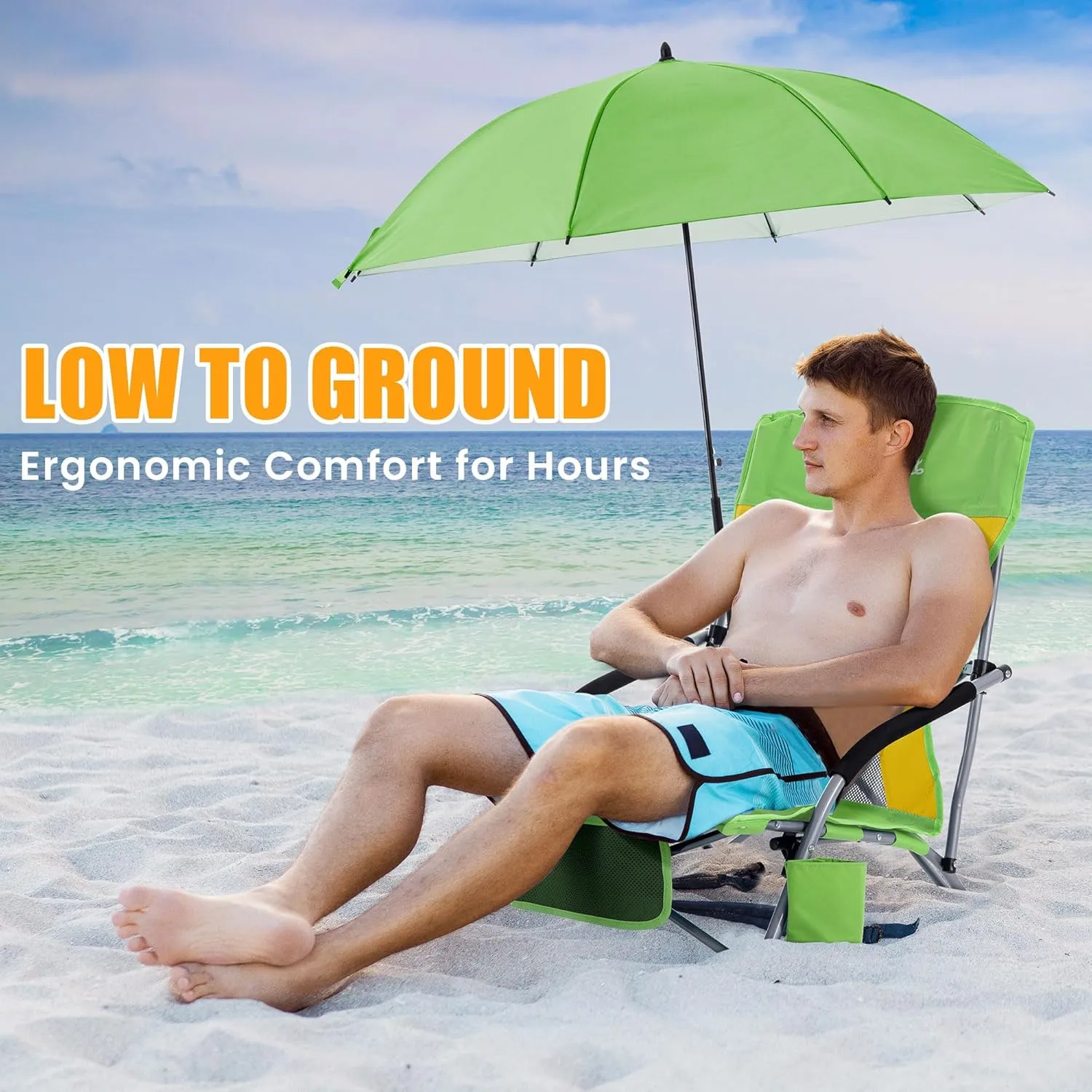 Folding Beach Chair with Umbrella for Adults, 2 Pack Portable Low Beach Chairs with 300lbs Capacity, Lightweight Fodable Camping Chair for Travel, Picnic, Concert & Outdoor Activities,Green-Yellow