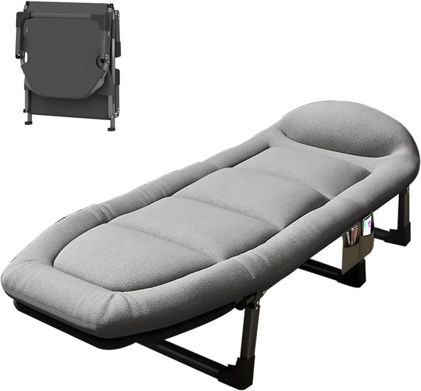 Folding Camping Bed 6 Gears Adjustable Camping Cot W/Mattress and Side Pocket Sleeping Folding Cot Load 440lbs Lounge Chair