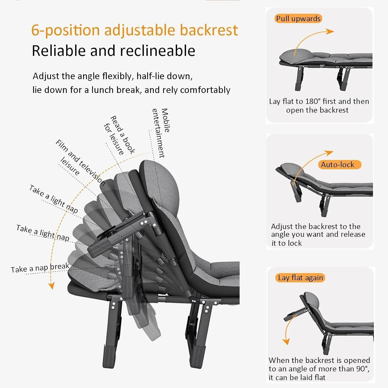 Folding Camping Bed 6 Gears Adjustable Camping Cot W/Mattress and Side Pocket Sleeping Folding Cot Load 440lbs Lounge Chair