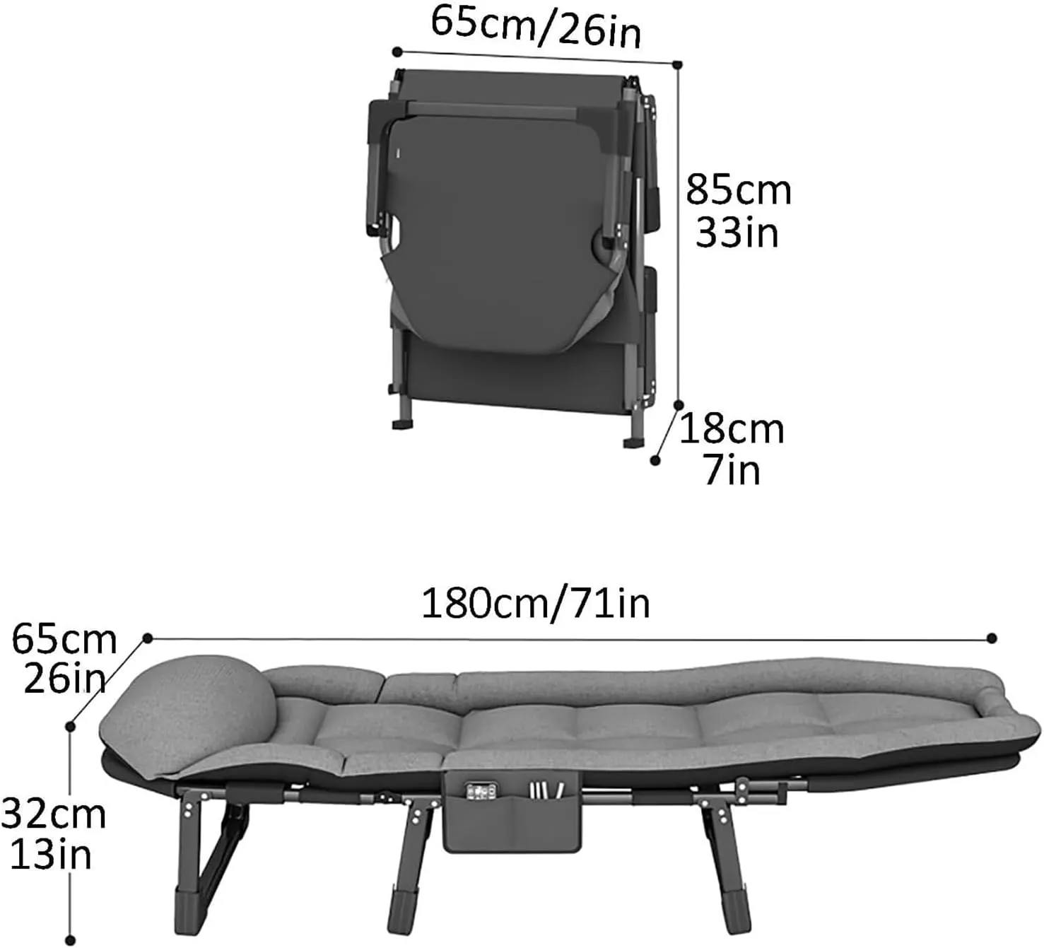 Folding Camping Bed 6 Gears Adjustable Camping Cot W/Mattress and Side Pocket Sleeping Folding Cot Load 440lbs Lounge Chair