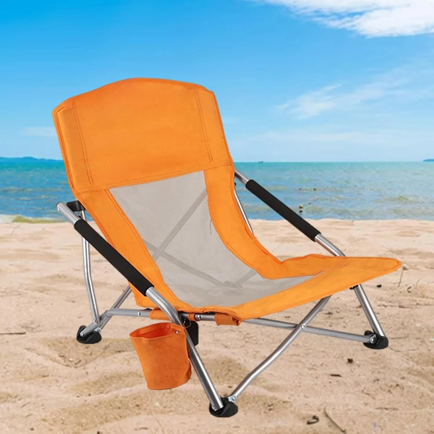 Folding Camping Chair Picnic Seat Lightweight Foldable High Backrest Folding Lounge Chair for Traveling Lawn Picnic Beach, Orange