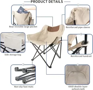 Folding Camping Chair, Portable Outdoor Backpacking Chair for Fishing, Hiking, Picnic, Camping, Beach, Lawn, Concert, Ultralight Compact Camping Chair with Carry Bag, 23"D x 14.2"W x 14.2"H (Beige)