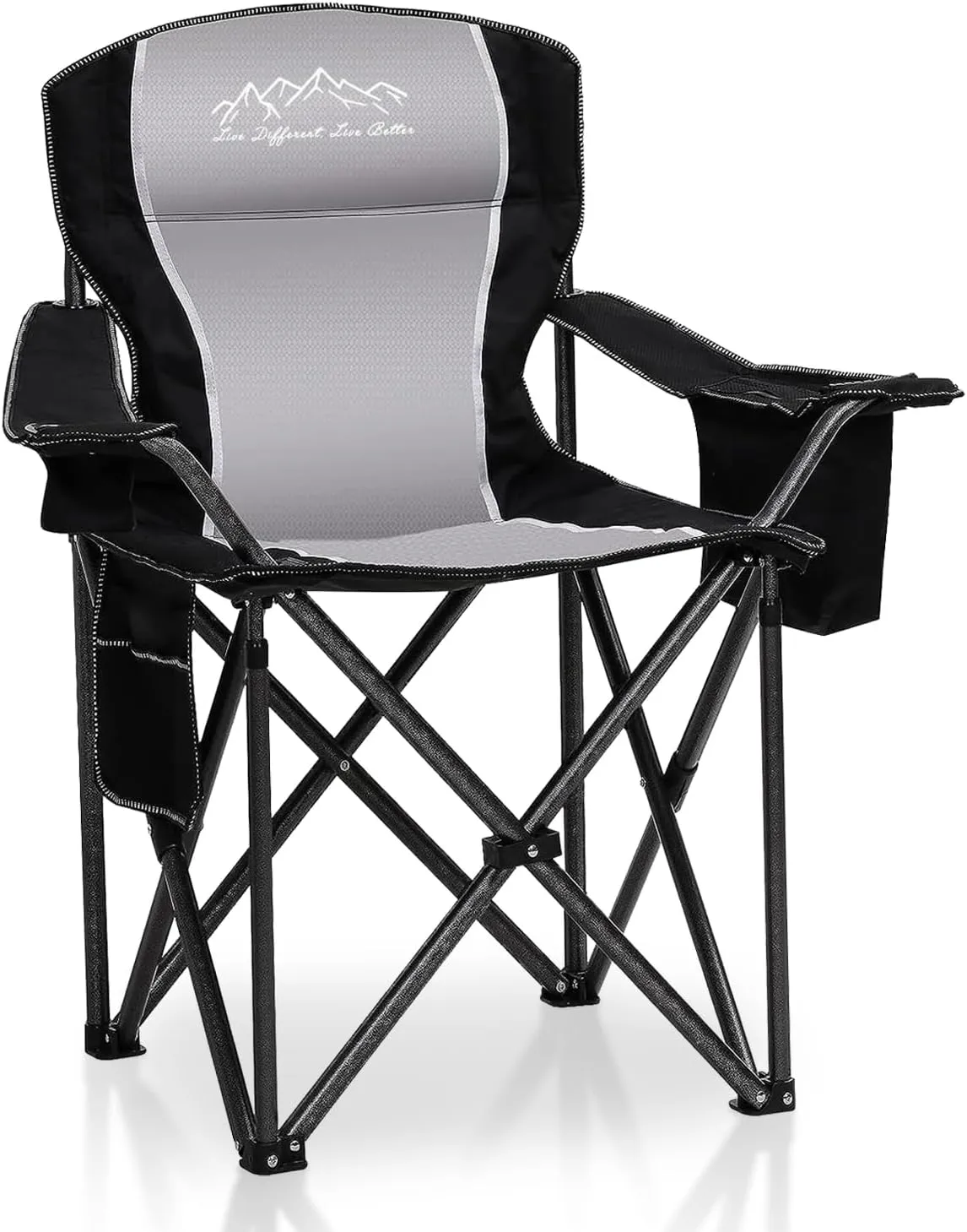 Folding Camping Chair Portable Outdoor Heavy Duty Padded Chairs Lawn Chair with Cup Holder, Storage Pocket and Cooler Bag, Supports 450LBS Black