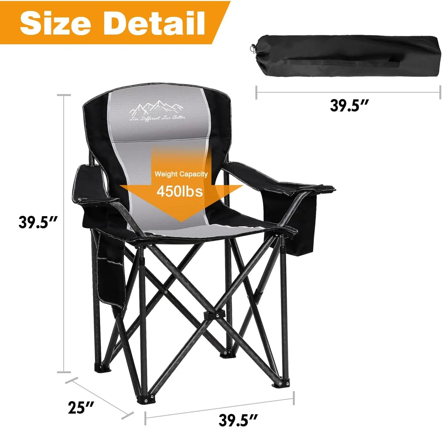 Folding Camping Chair Portable Outdoor Heavy Duty Padded Chairs Lawn Chair with Cup Holder, Storage Pocket and Cooler Bag, Supports 450LBS Black