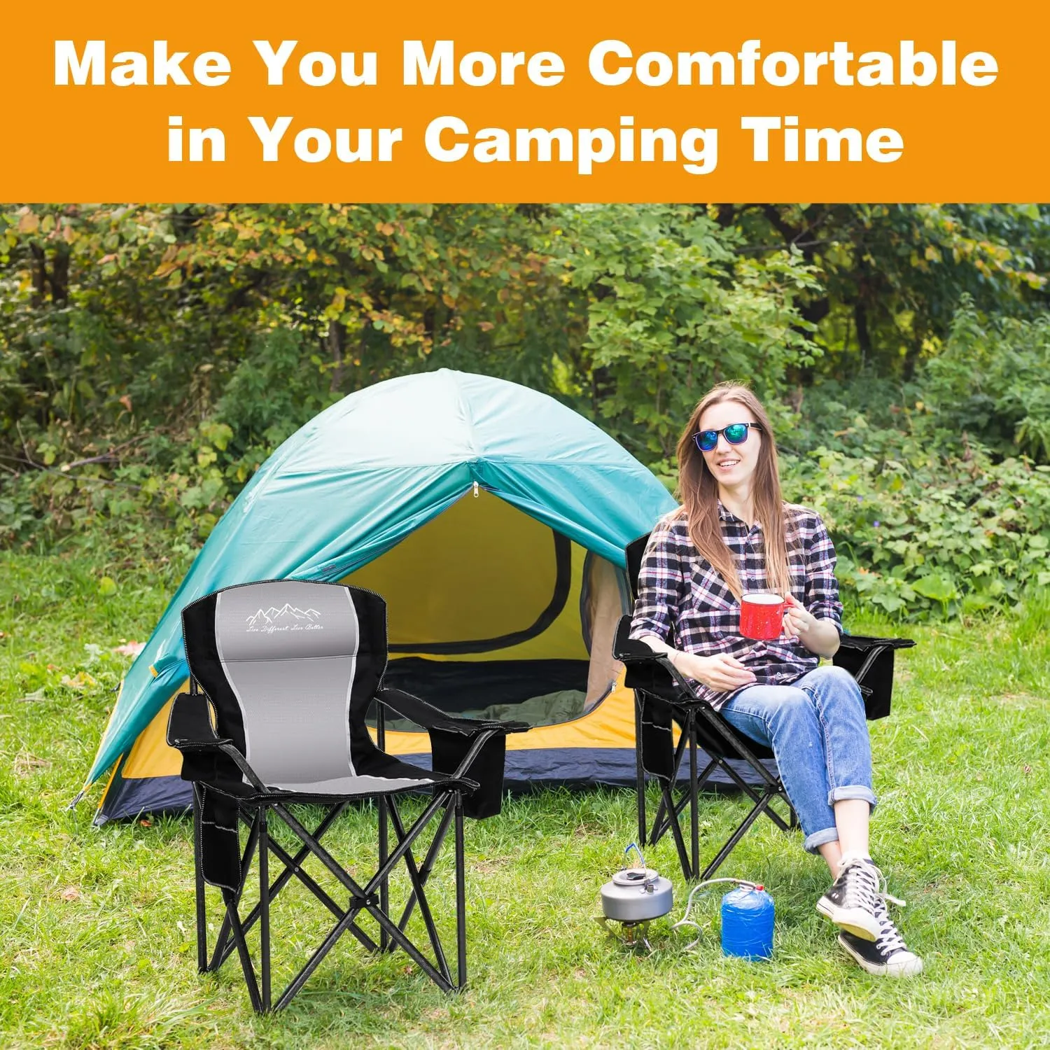 Folding Camping Chair Portable Outdoor Heavy Duty Padded Chairs Lawn Chair with Cup Holder, Storage Pocket and Cooler Bag, Supports 450LBS Black