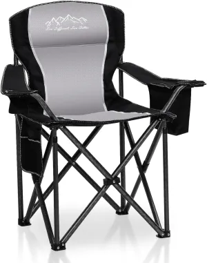 Folding Camping Chair Portable Outdoor Heavy Duty Padded Chairs Lawn Chair with Cup Holder, Storage Pocket and Cooler Bag, Supports 450LBS Black