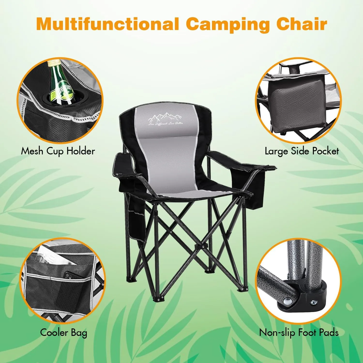 Folding Camping Chair Portable Outdoor Heavy Duty Padded Chairs Lawn Chair with Cup Holder, Storage Pocket and Cooler Bag, Supports 450LBS Black