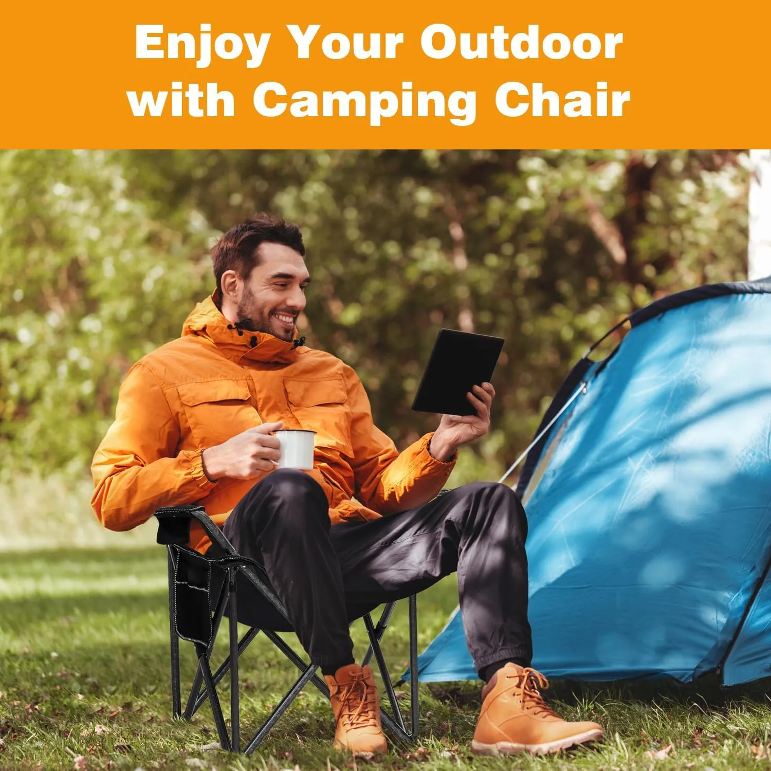 Folding Camping Chair Portable Outdoor Heavy Duty Padded Chairs Lawn Chair with Cup Holder, Storage Pocket and Cooler Bag, Supports 450LBS Black