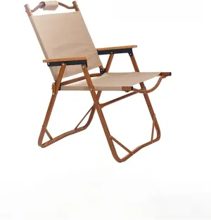 Folding Camping Chair, Wooden Frame, Canvas Seat, Beige, Portable Outdoor Recliner with Armrests