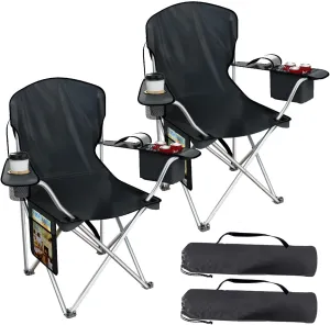 Folding Camping Chairs Durable 600D Oxford, Portable Outdoor Chair with Cooler Pouch, Cup Holder & Storage Pocket for Camping, Beach, Fishing (2 Pack, Black)