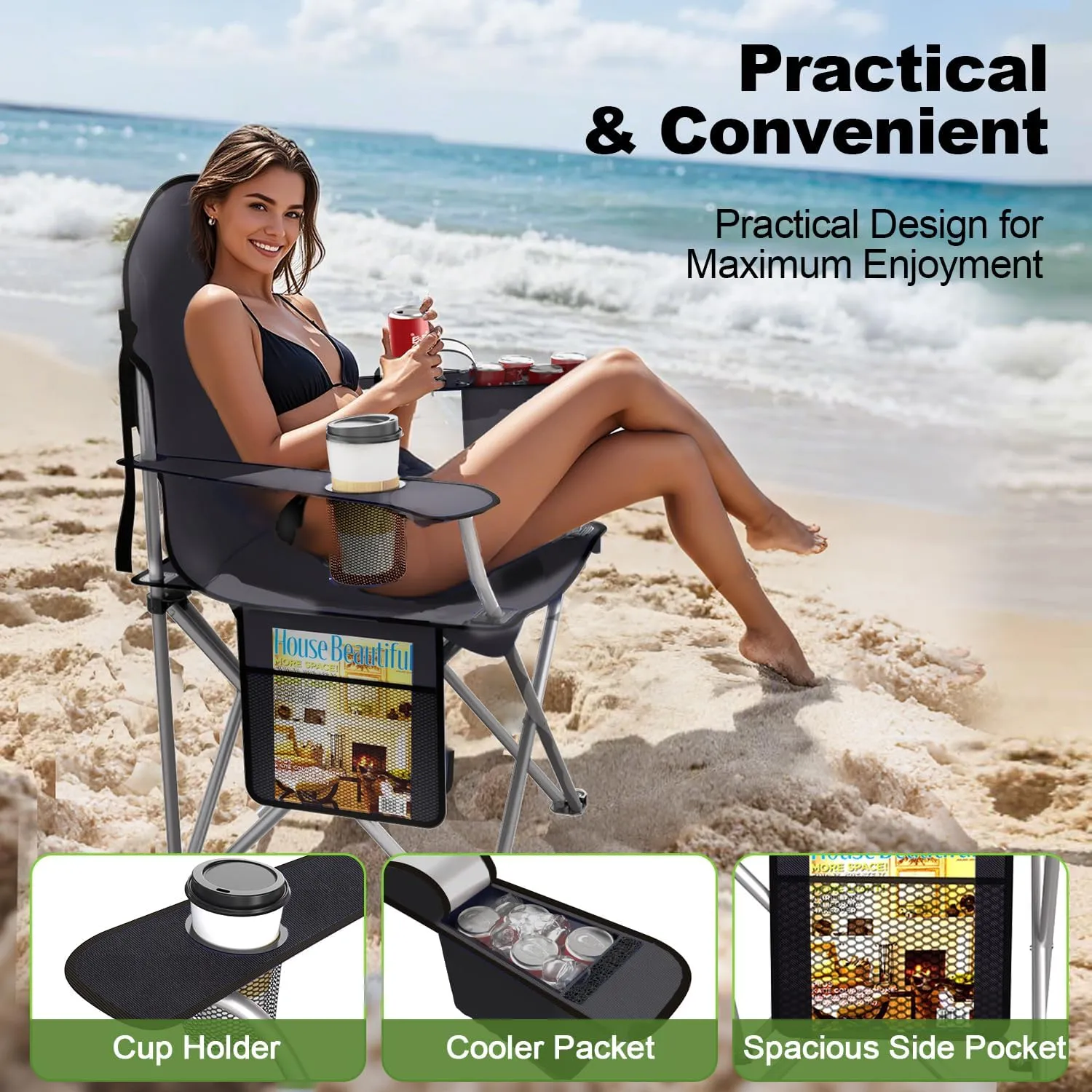 Folding Camping Chairs Durable 600D Oxford, Portable Outdoor Chair with Cooler Pouch, Cup Holder & Storage Pocket for Camping, Beach, Fishing (2 Pack, Black)