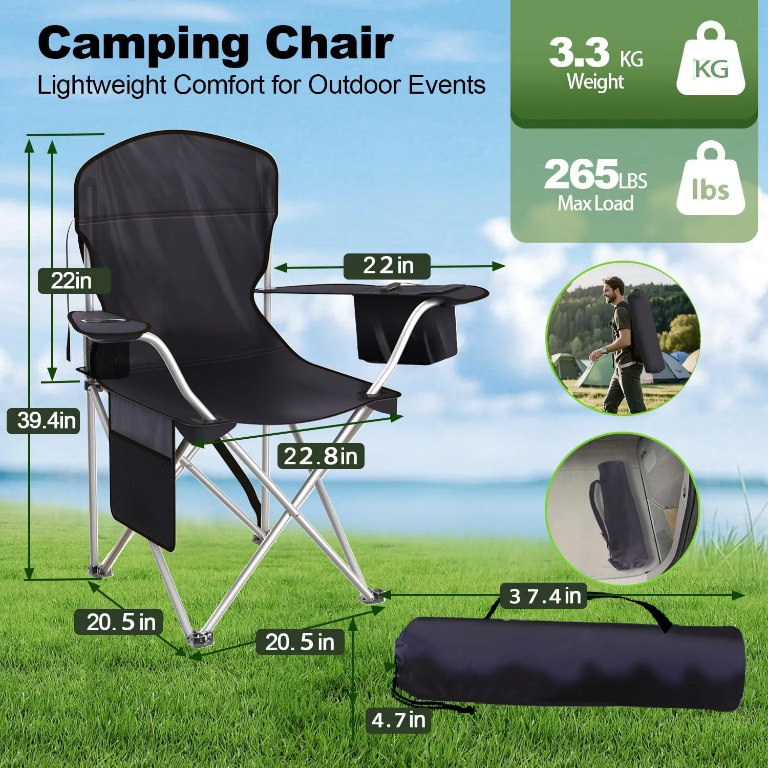 Folding Camping Chairs Durable 600D Oxford, Portable Outdoor Chair with Cooler Pouch, Cup Holder & Storage Pocket for Camping, Beach, Fishing (2 Pack, Black)