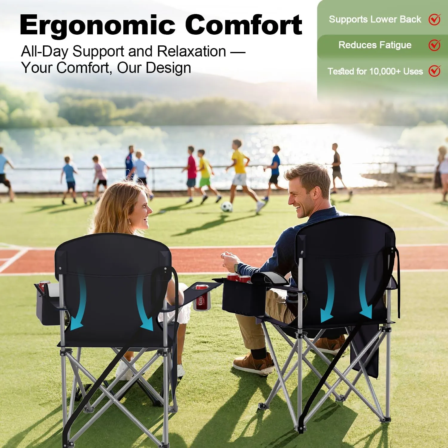 Folding Camping Chairs Durable 600D Oxford, Portable Outdoor Chair with Cooler Pouch, Cup Holder & Storage Pocket for Camping, Beach, Fishing (2 Pack, Black)