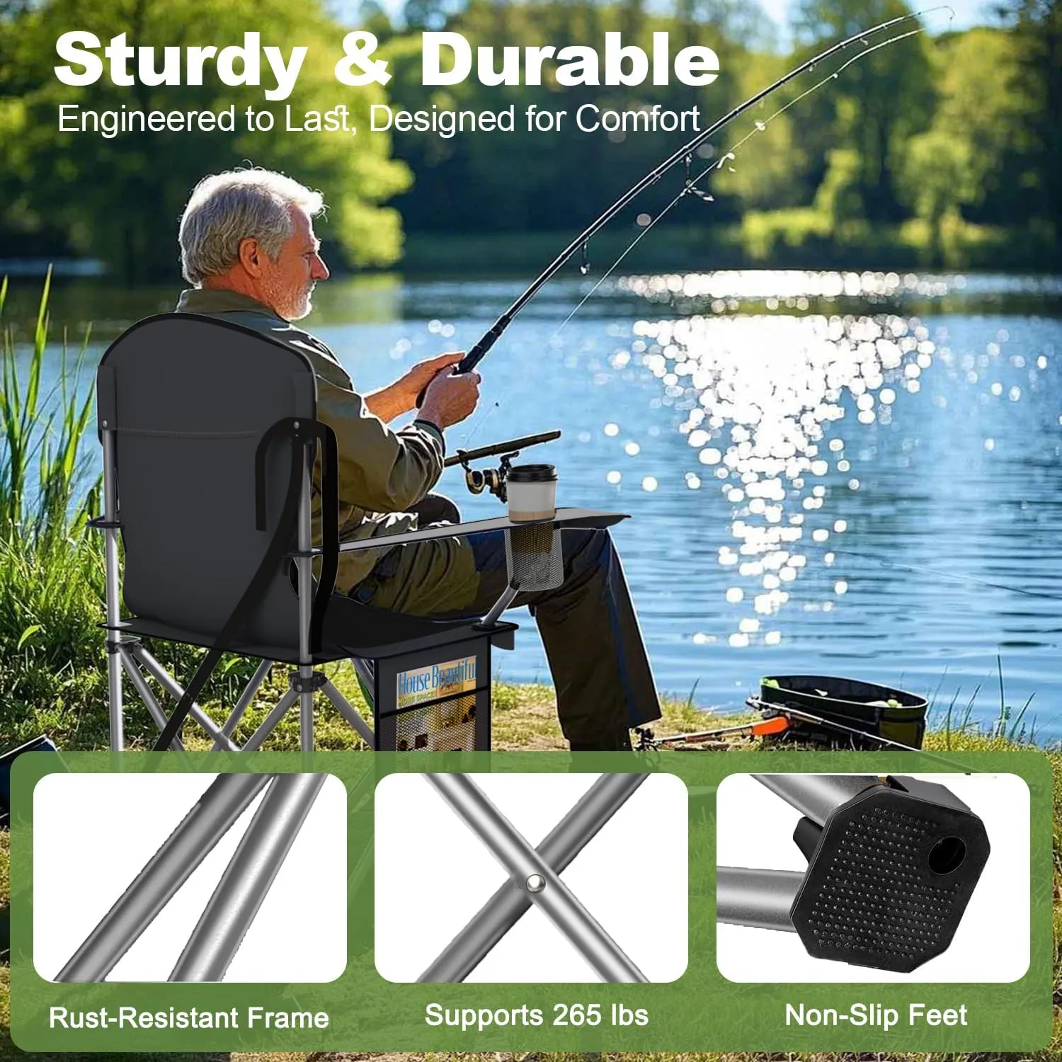 Folding Camping Chairs Durable 600D Oxford, Portable Outdoor Chair with Cooler Pouch, Cup Holder & Storage Pocket for Camping, Beach, Fishing (2 Pack, Black)