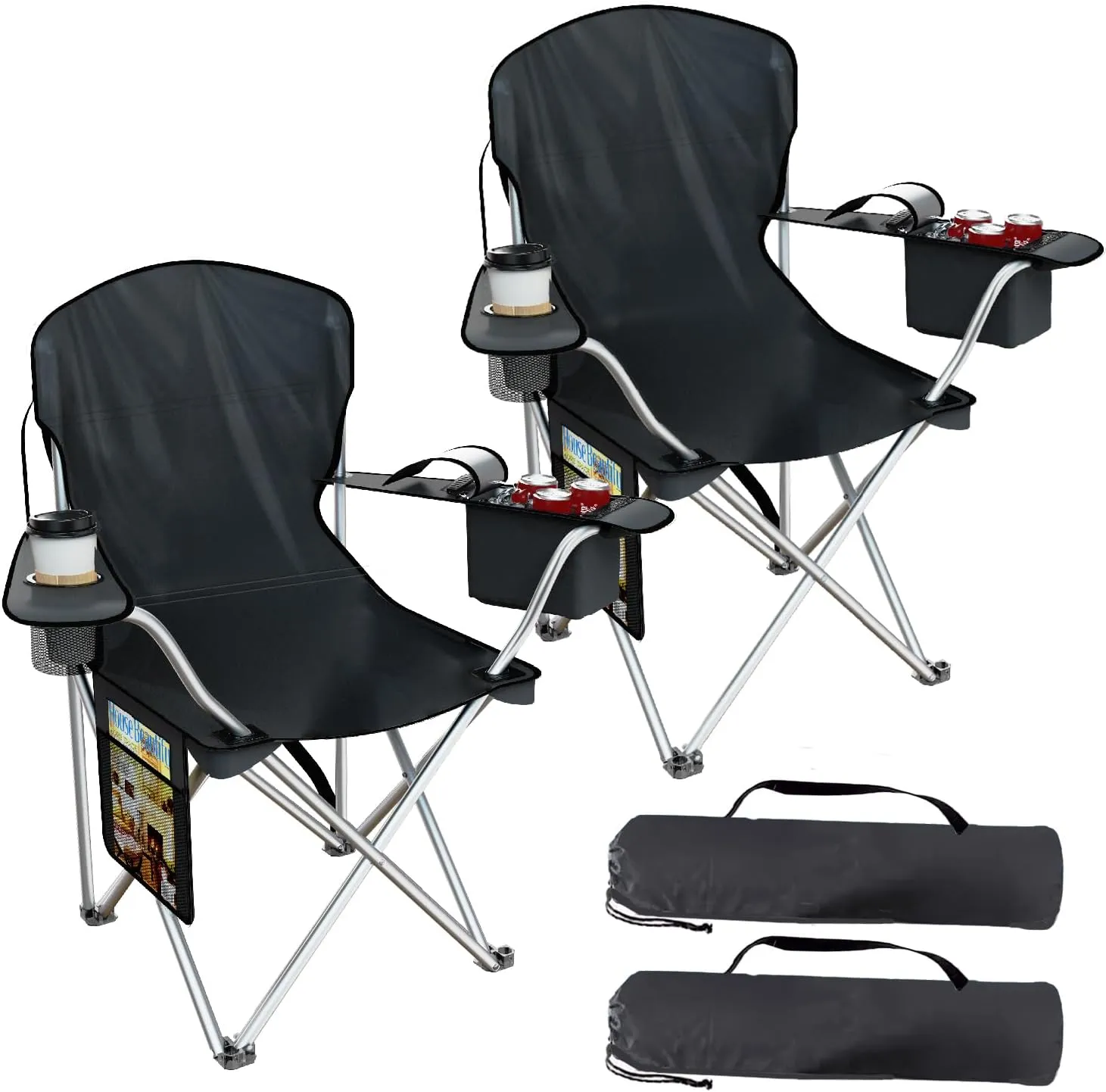 Folding Camping Chairs Durable 600D Oxford, Portable Outdoor Chair with Cooler Pouch, Cup Holder & Storage Pocket for Camping, Beach, Fishing (2 Pack, Black)