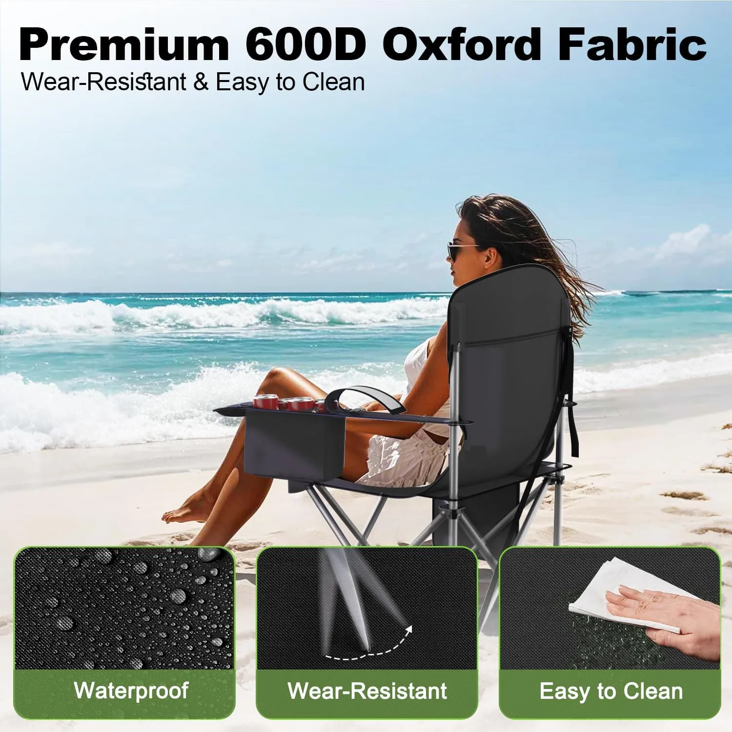Folding Camping Chairs Durable 600D Oxford, Portable Outdoor Chair with Cooler Pouch, Cup Holder & Storage Pocket for Camping, Beach, Fishing (2 Pack, Black)