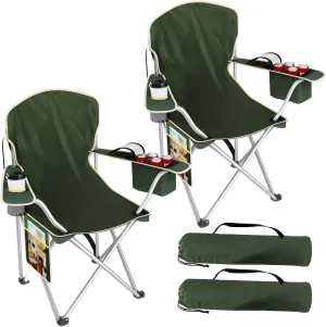 Folding Camping Chairs Durable 600D Oxford, Portable Outdoor Chair with Cooler Pouch, Cup Holder & Storage Pocket for Camping, Beach, Fishing (2 Pack, Olive Green)