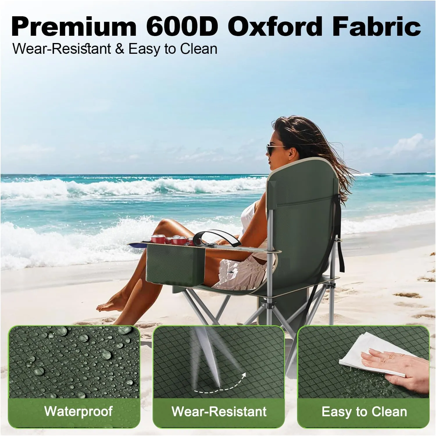 Folding Camping Chairs Durable 600D Oxford, Portable Outdoor Chair with Cooler Pouch, Cup Holder & Storage Pocket for Camping, Beach, Fishing (2 Pack, Olive Green)