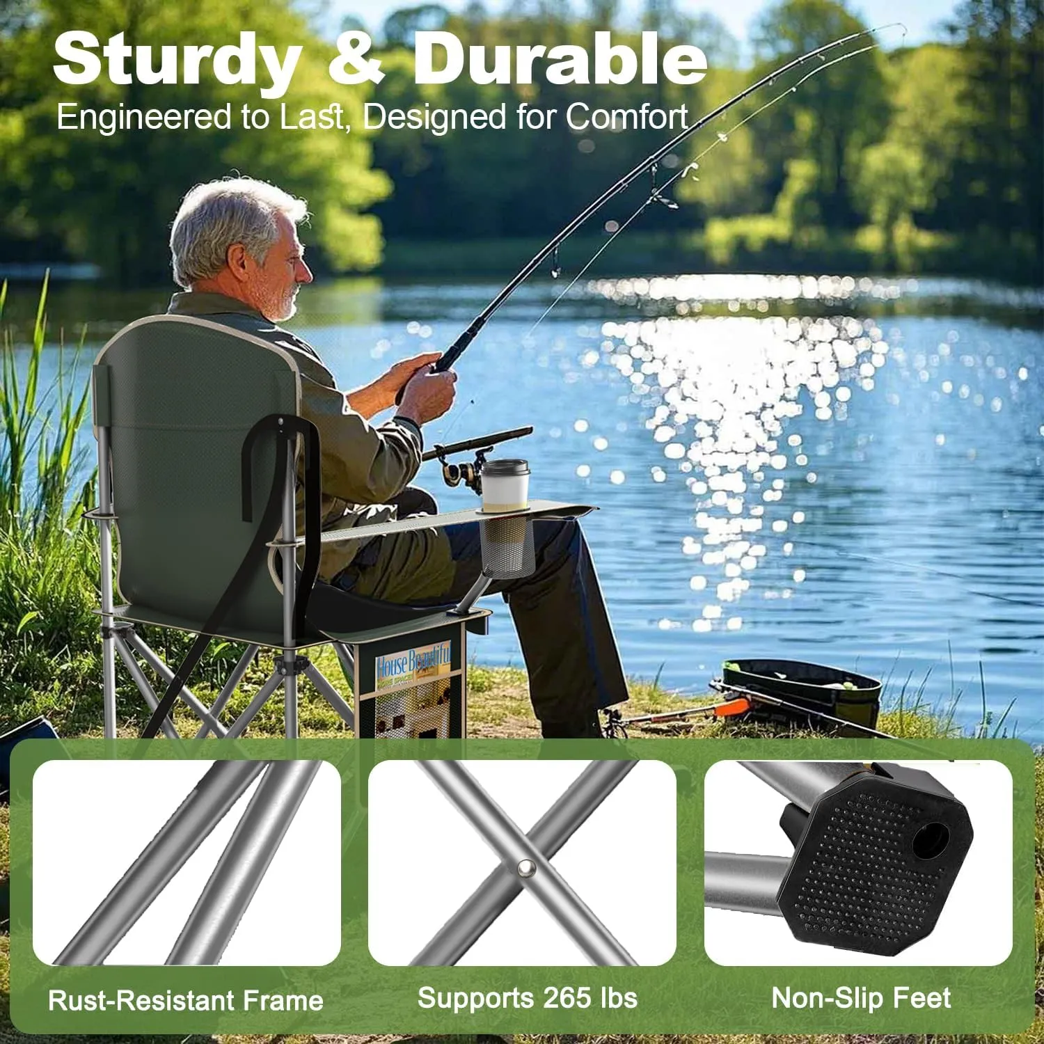 Folding Camping Chairs Durable 600D Oxford, Portable Outdoor Chair with Cooler Pouch, Cup Holder & Storage Pocket for Camping, Beach, Fishing (2 Pack, Olive Green)