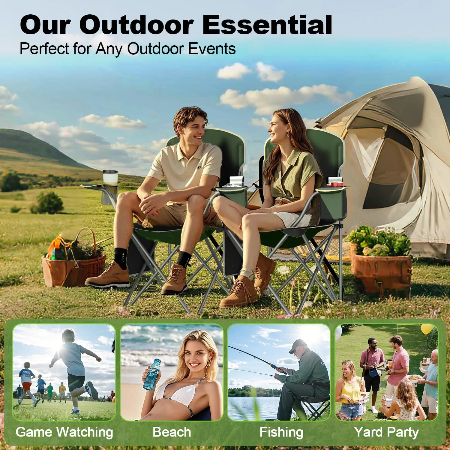 Folding Camping Chairs Durable 600D Oxford, Portable Outdoor Chair with Cooler Pouch, Cup Holder & Storage Pocket for Camping, Beach, Fishing (2 Pack, Olive Green)