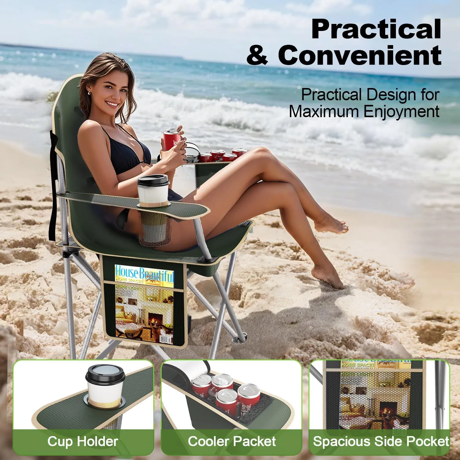 Folding Camping Chairs Durable 600D Oxford, Portable Outdoor Chair with Cooler Pouch, Cup Holder & Storage Pocket for Camping, Beach, Fishing (2 Pack, Olive Green)
