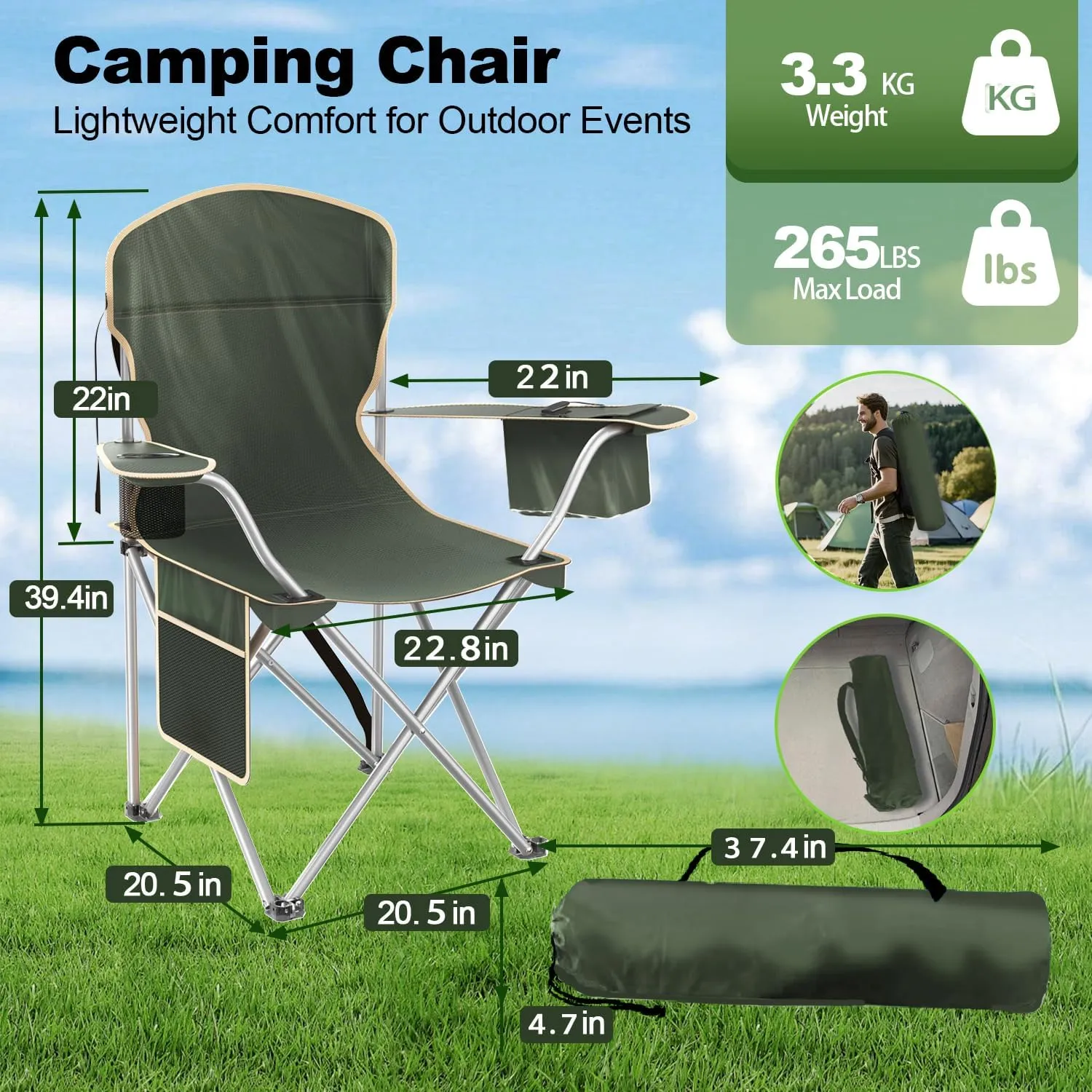 Folding Camping Chairs Durable 600D Oxford, Portable Outdoor Chair with Cooler Pouch, Cup Holder & Storage Pocket for Camping, Beach, Fishing (2 Pack, Olive Green)