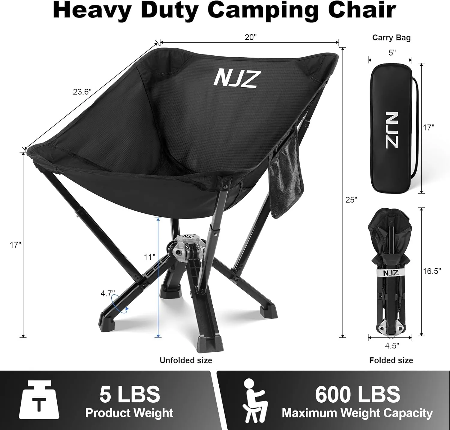 Folding Camping Chairs for Adults - 600 LBS Capacity Sturdy Camping Folding Chair, Portable Chair with Quick Setup & Carry Bag - Compact Camp Chair for Outdoor Adventures - Black