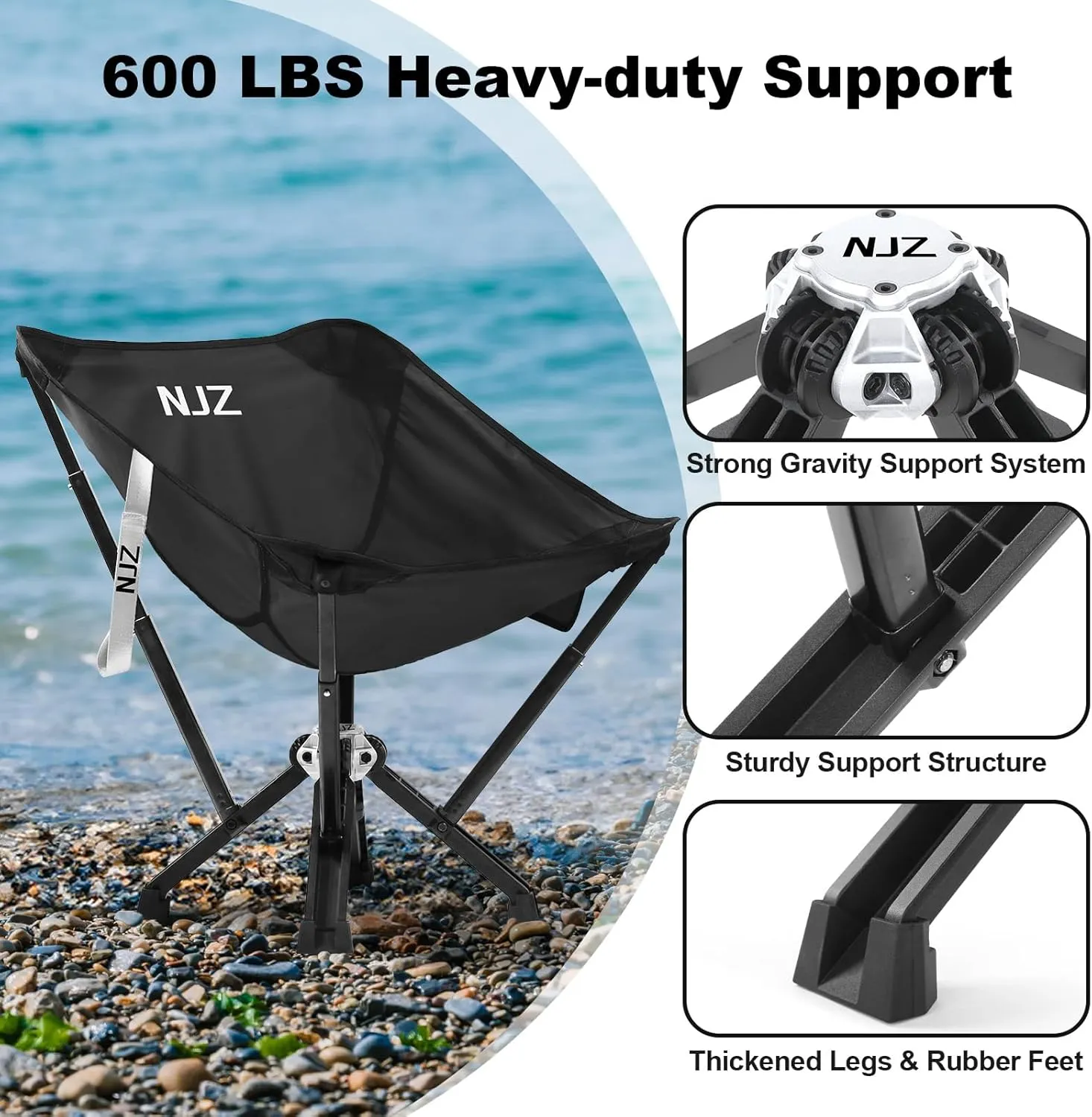 Folding Camping Chairs for Adults - 600 LBS Capacity Sturdy Camping Folding Chair, Portable Chair with Quick Setup & Carry Bag - Compact Camp Chair for Outdoor Adventures - Black