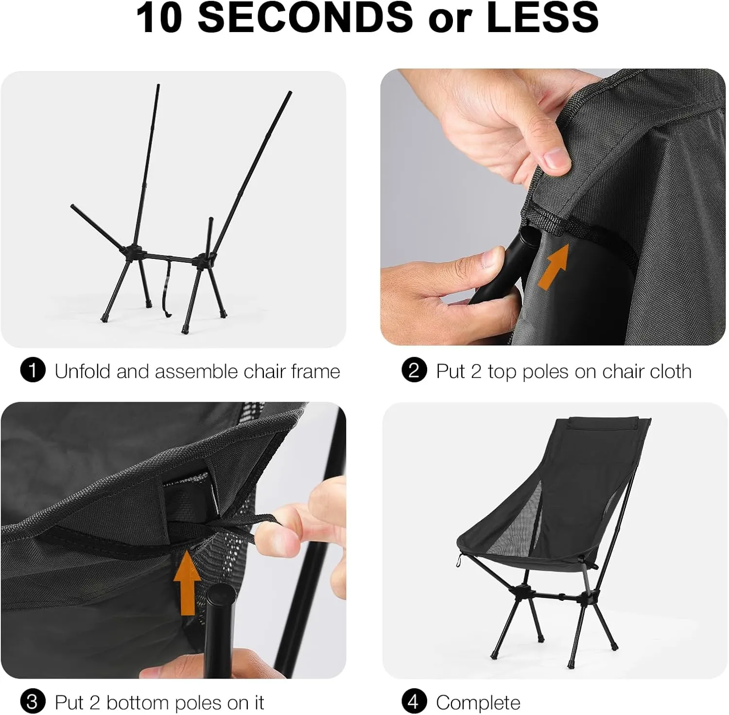 Folding Camping Chairs Men Women, High Back Beach Camping Chairs for Adults, Lightweight Backpacking Travel Chair for Hiking Outside Picnic, Black