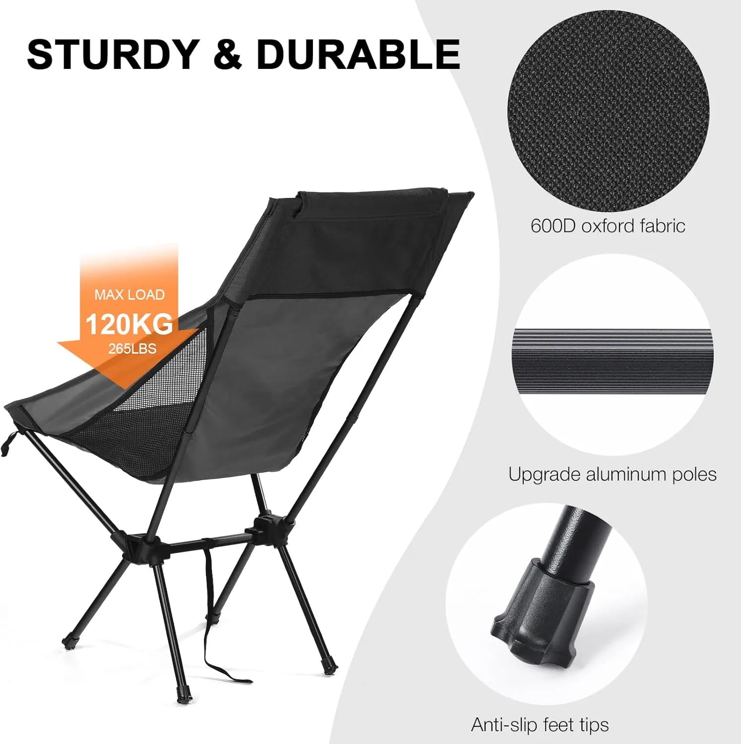 Folding Camping Chairs Men Women, High Back Beach Camping Chairs for Adults, Lightweight Backpacking Travel Chair for Hiking Outside Picnic, Black