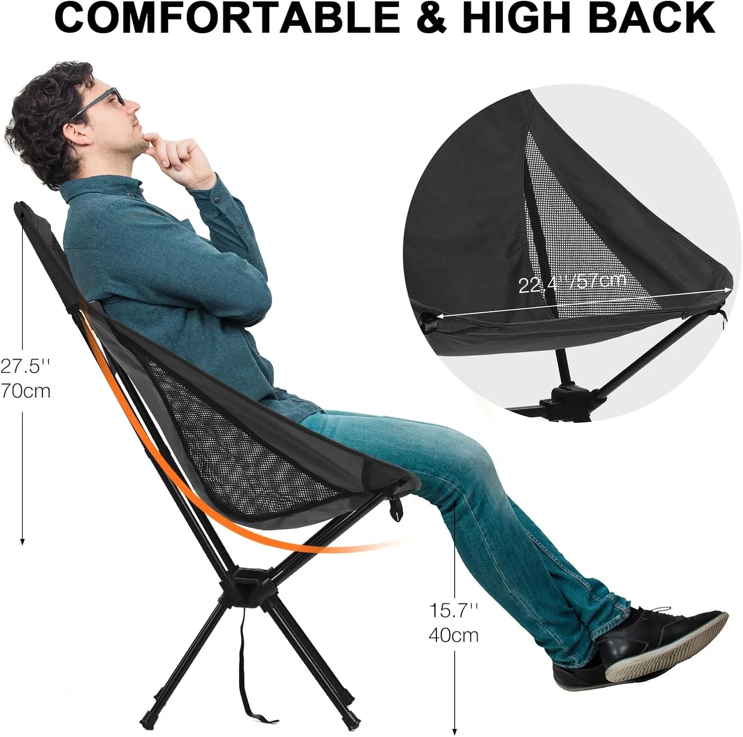 Folding Camping Chairs Men Women, High Back Beach Camping Chairs for Adults, Lightweight Backpacking Travel Chair for Hiking Outside Picnic, Black