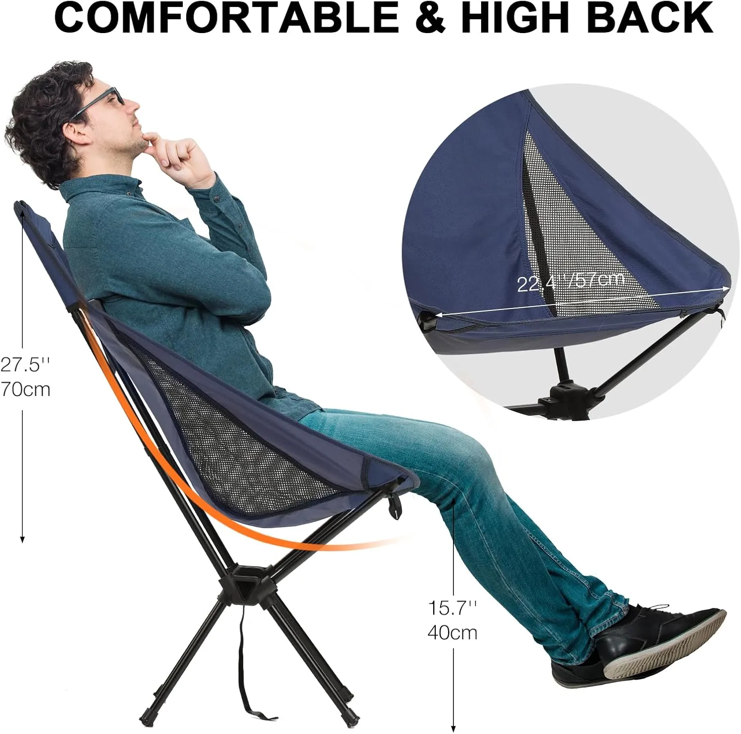 Folding Camping Chairs Men Women, High Back Beach Camping Chairs for Adults, Lightweight Backpacking Travel Chair for Hiking Outside Picnic, Blue